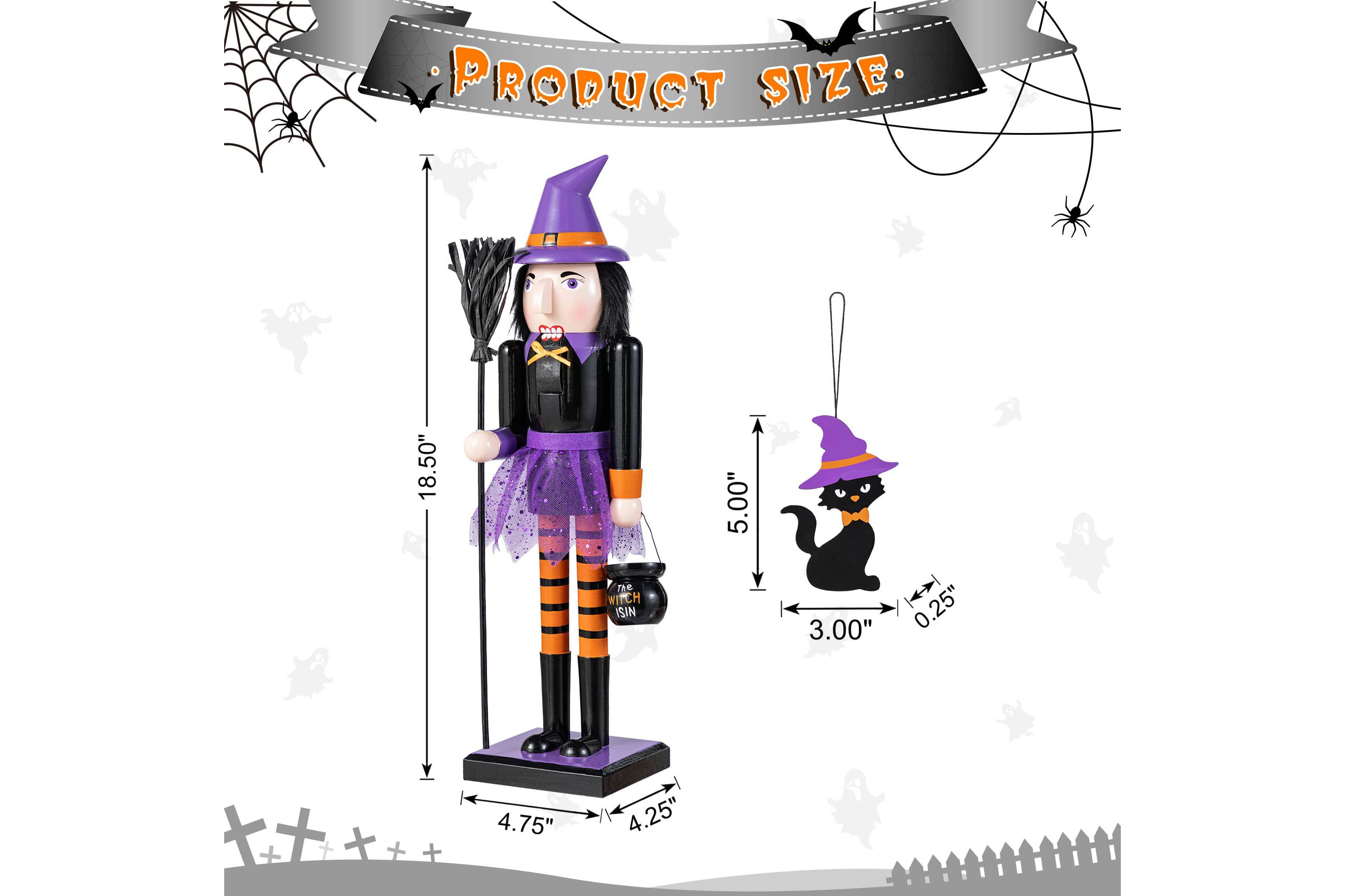 18.50"H Halloween Wood Witch Nutcracker w/Witch Cat Ornament