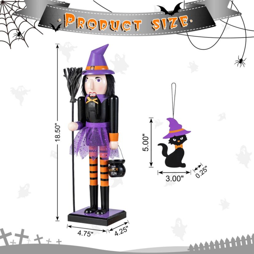 18.50"H Halloween Wood Witch Nutcracker w/Witch Cat Ornament