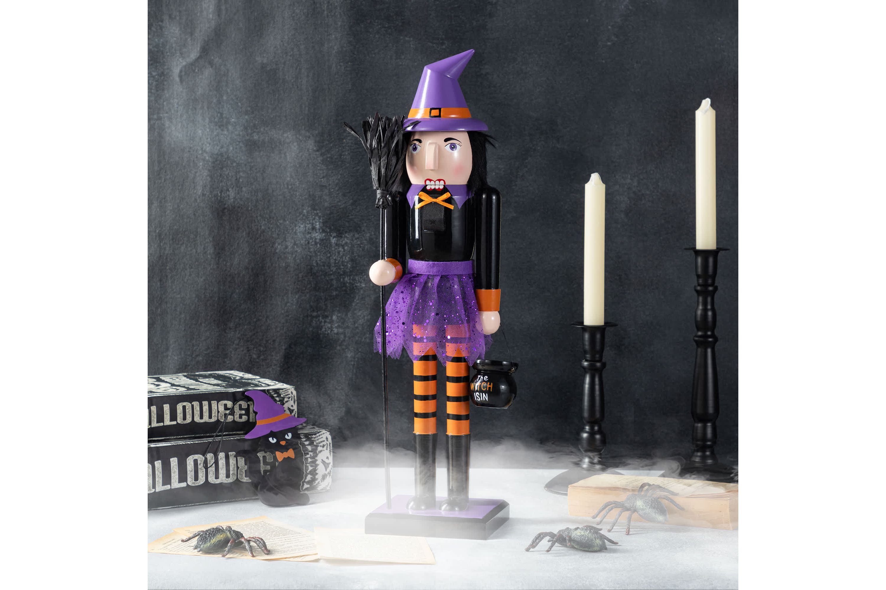 18.50"H Halloween Wood Witch Nutcracker w/Witch Cat Ornament
