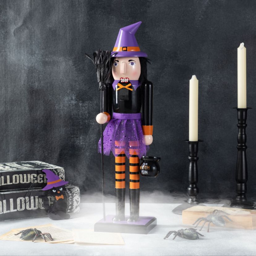 18.50"H Halloween Wood Witch Nutcracker w/Witch Cat Ornament