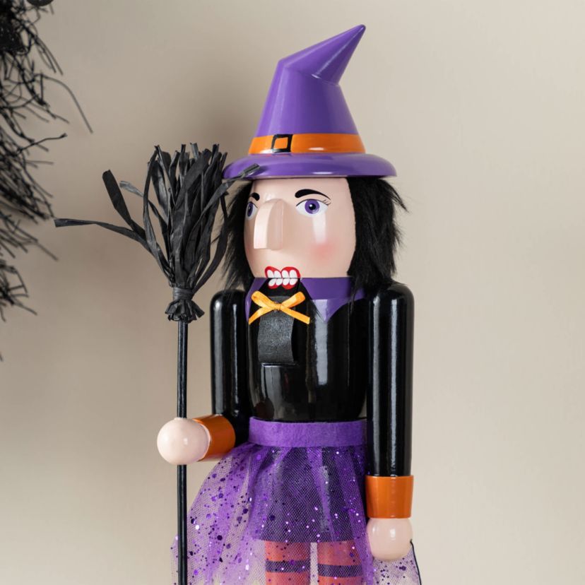 18.50"H Halloween Wood Witch Nutcracker w/Witch Cat Ornament