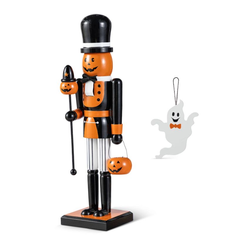 18.50"H Halloween Wood Pumpkin Nutcracker w/Ghost Ornament
