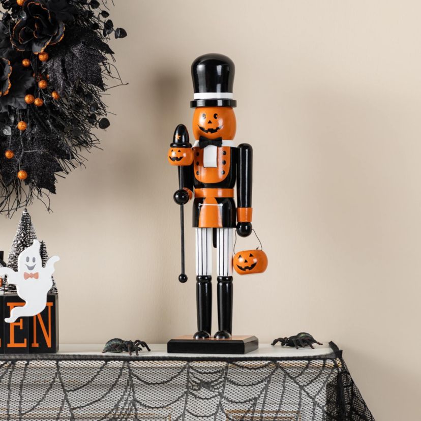 18.50"H Halloween Wood Pumpkin Nutcracker w/Ghost Ornament