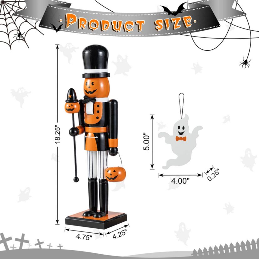18.50"H Halloween Wood Pumpkin Nutcracker w/Ghost Ornament