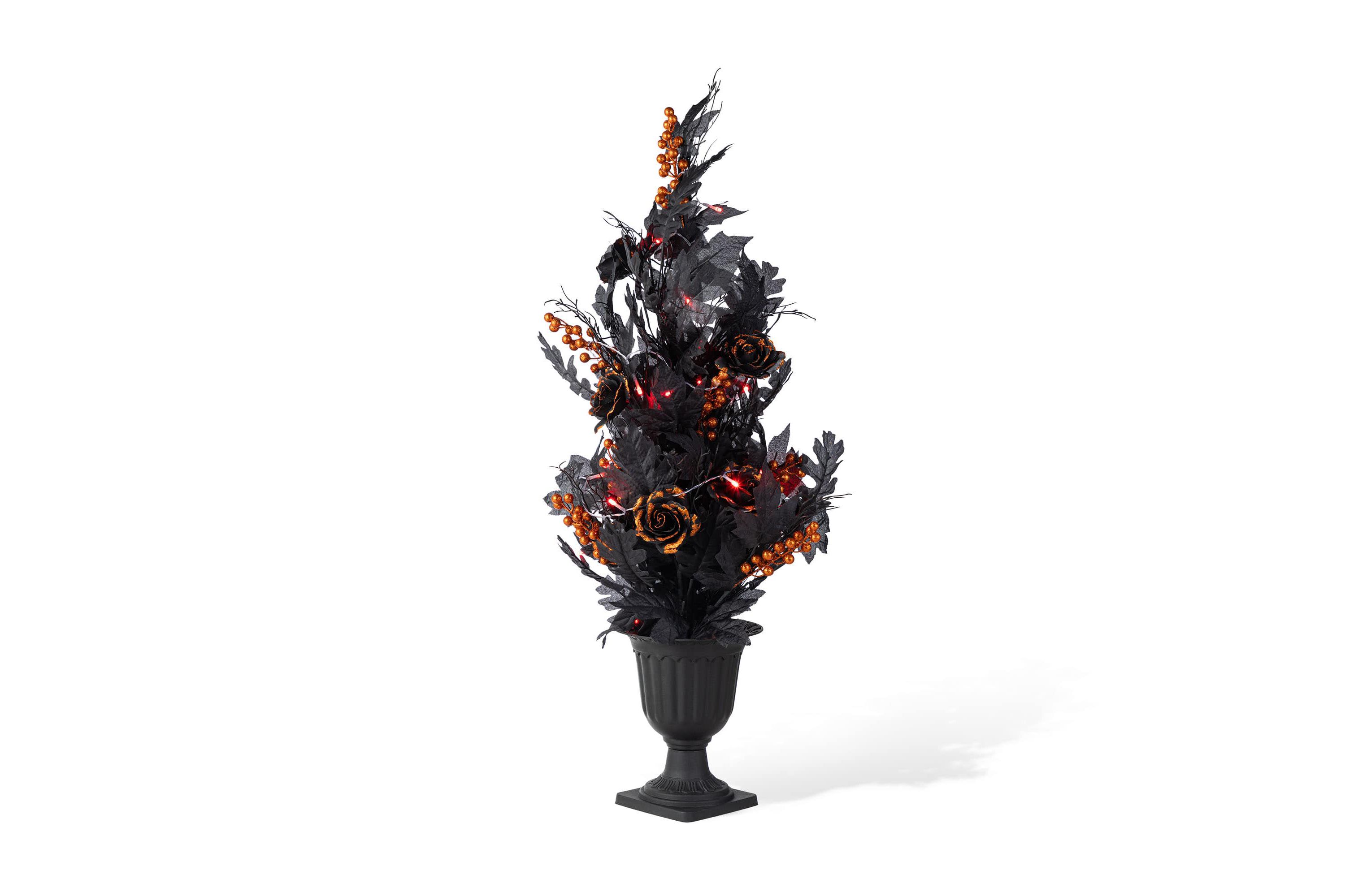 36"H Halloween Lighted Black Rose with Orange Glitter Urn Porch Tree, with timer