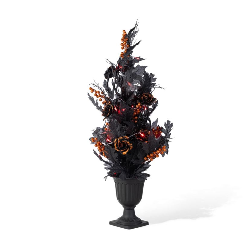 36"H Halloween Lighted Black Rose with Orange Glitter Urn Porch Tree, with timer