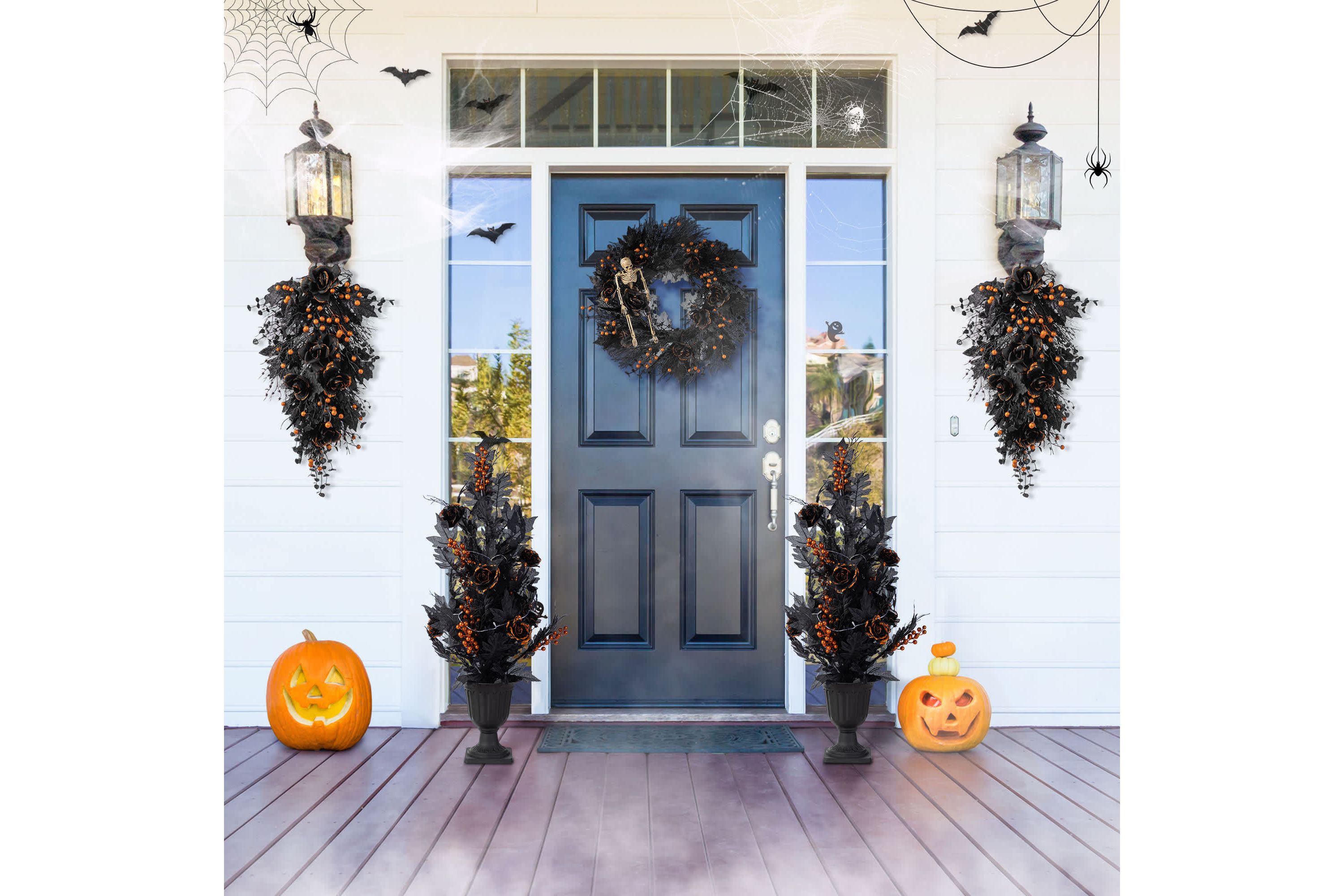 36"H Halloween Lighted Black Rose with Orange Glitter Urn Porch Tree, with timer