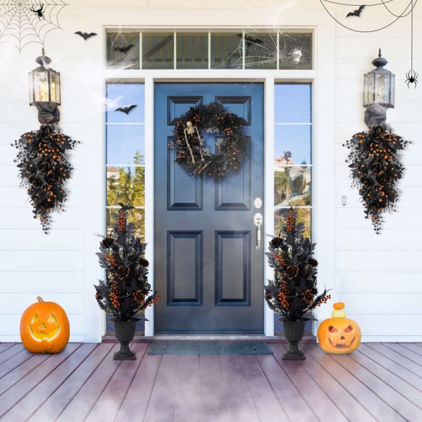 36"H Halloween Lighted Black Rose with Orange Glitter Urn Porch Tree, with timer