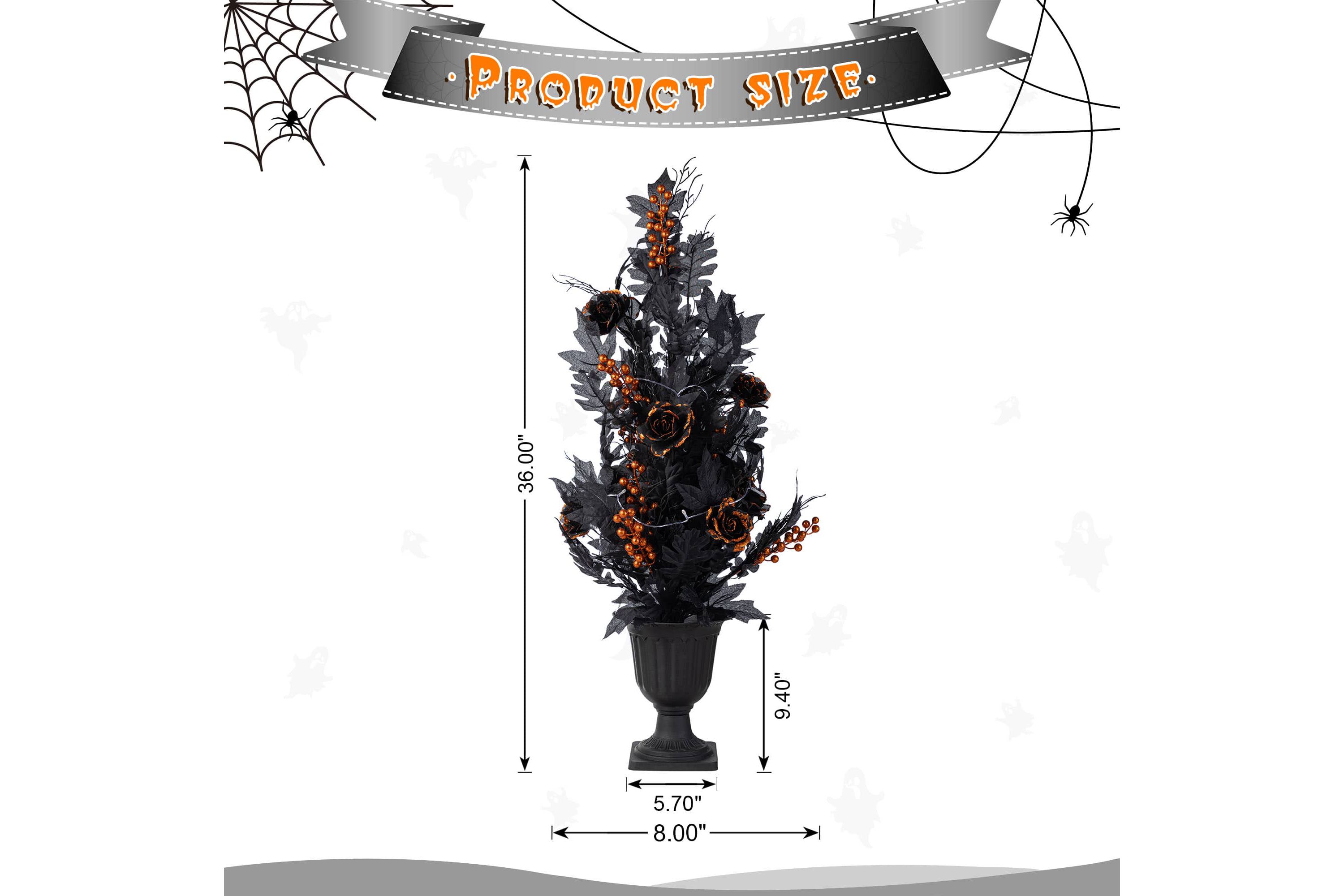 36"H Halloween Lighted Black Rose with Orange Glitter Urn Porch Tree, with timer