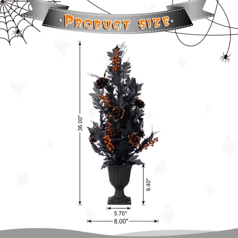 36"H Halloween Lighted Black Rose with Orange Glitter Urn Porch Tree, with timer