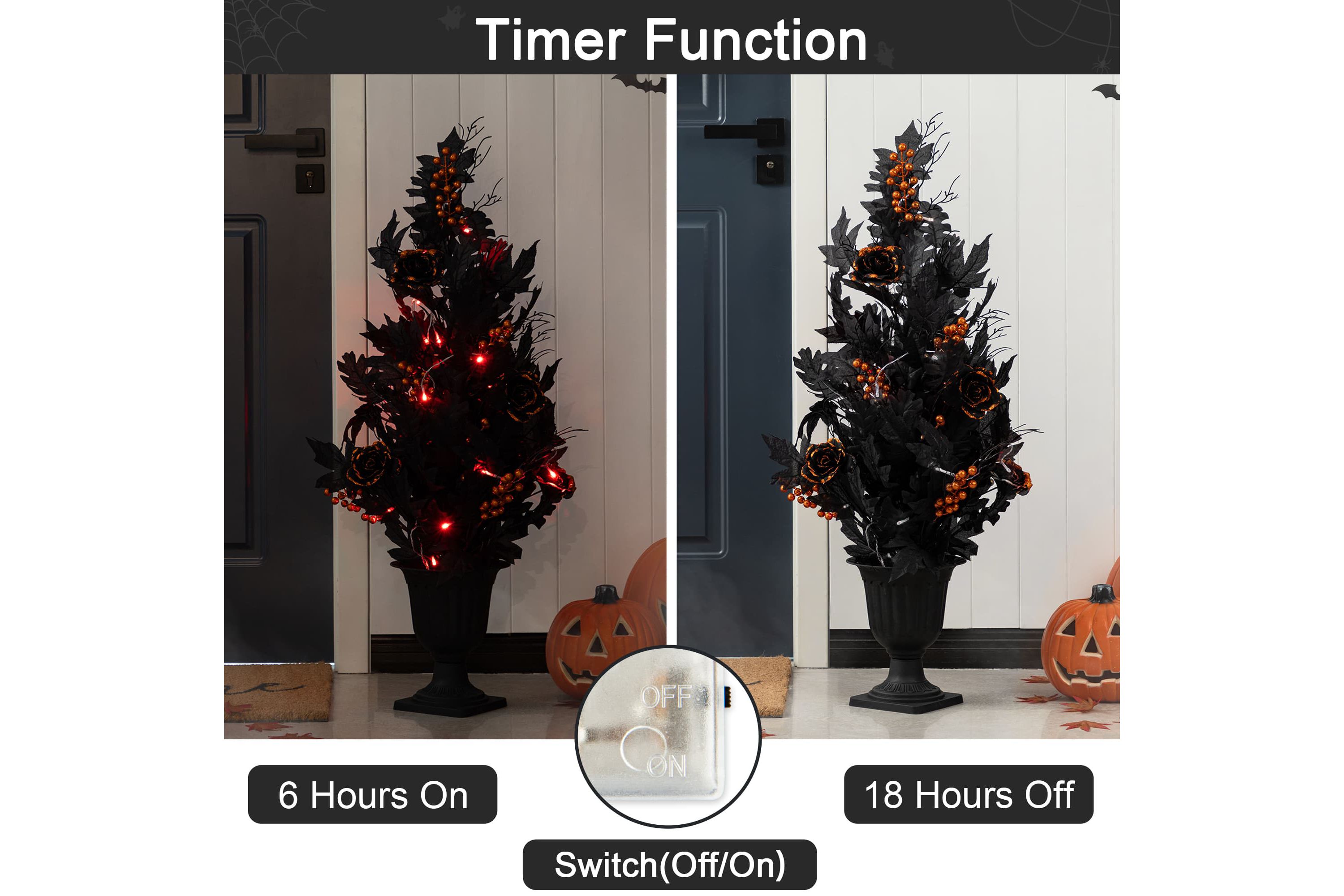 36"H Halloween Lighted Black Rose with Orange Glitter Urn Porch Tree, with timer