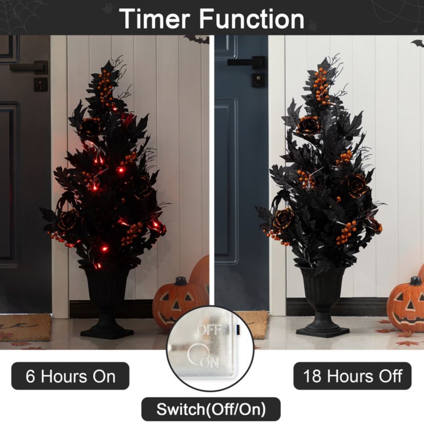 36"H Halloween Lighted Black Rose with Orange Glitter Urn Porch Tree, with timer