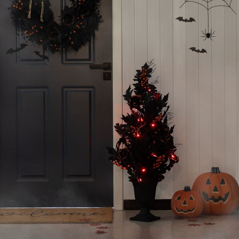 36"H Halloween Lighted Black Rose with Orange Glitter Urn Porch Tree, with timer