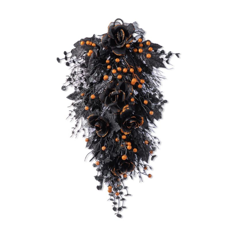 28"H Halloween Black Rose and Berry Swag Includes a Complimentary Black Metal Wreath Hanger