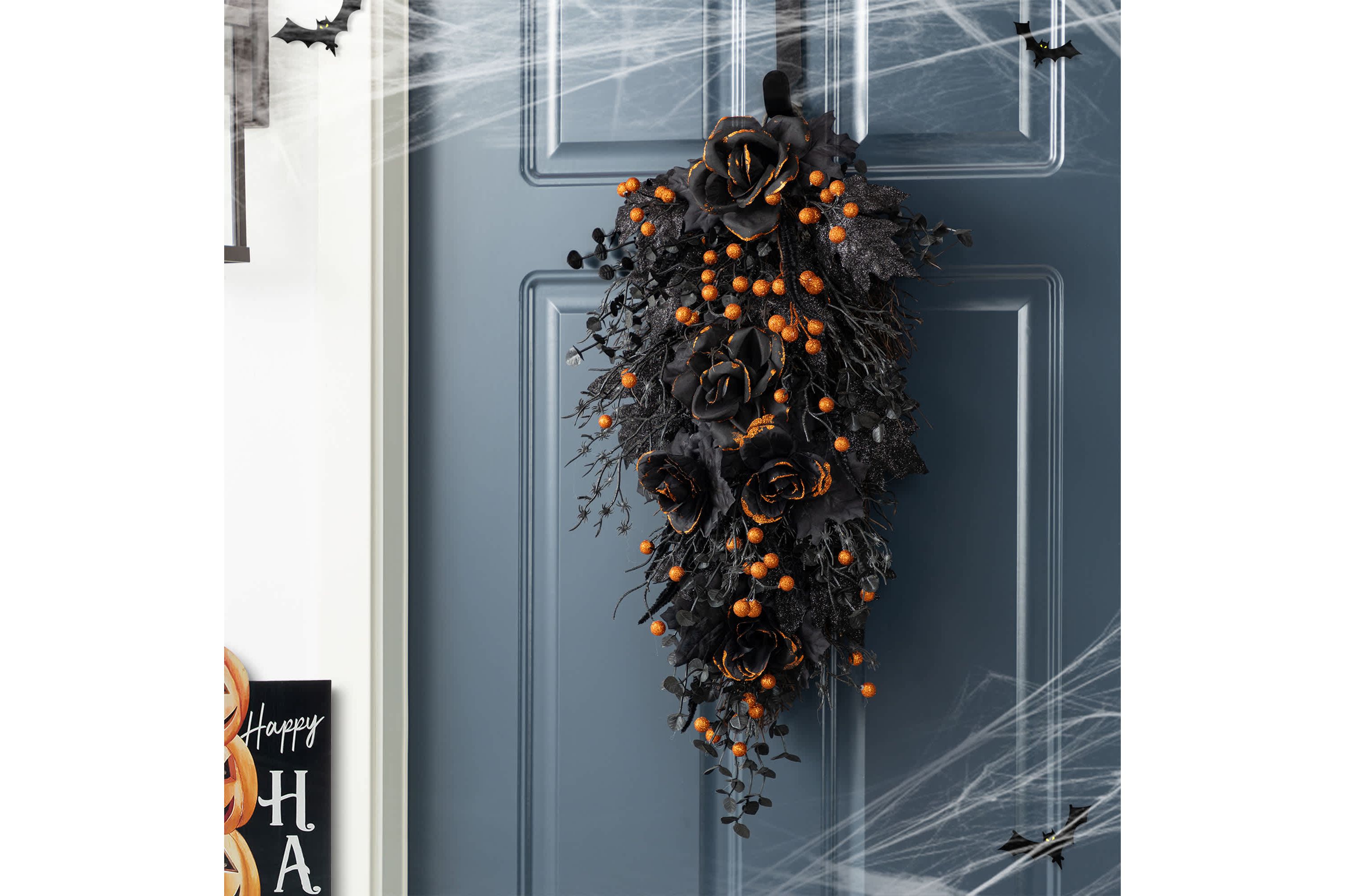 28"H Halloween Black Rose and Berry Swag Includes a Complimentary Black Metal Wreath Hanger