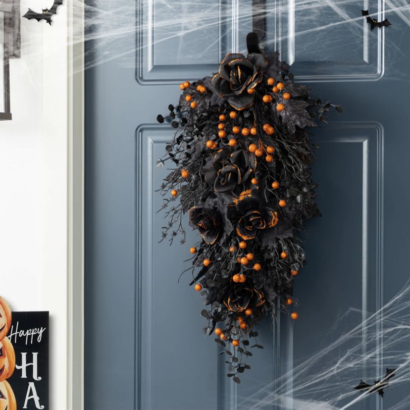 28"H Halloween Black Rose and Berry Swag Includes a Complimentary Black Metal Wreath Hanger