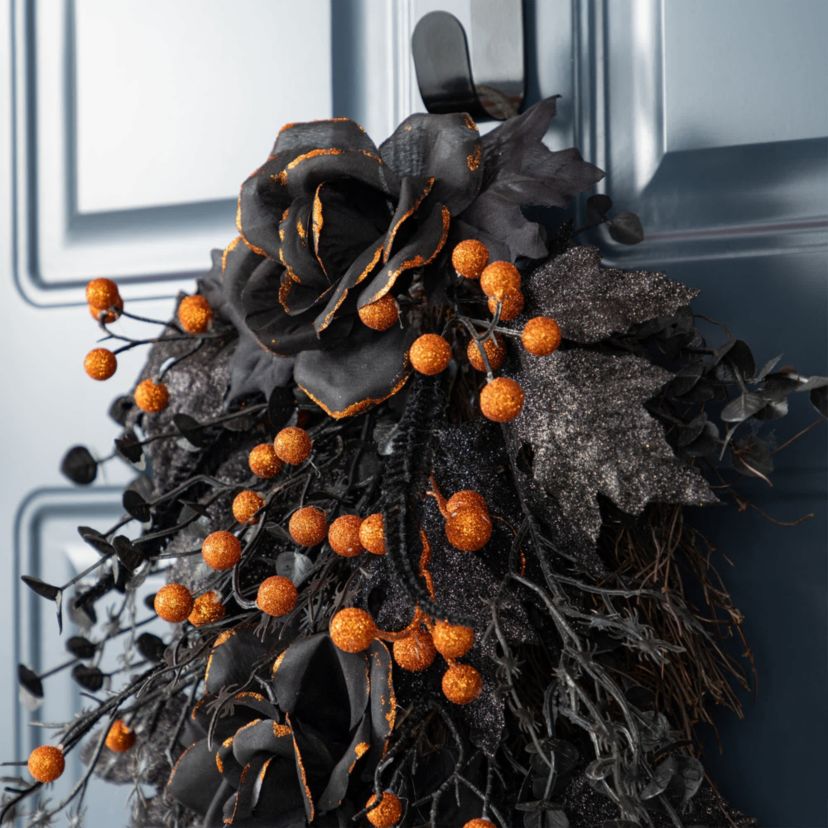 28"H Halloween Black Rose and Berry Swag Includes a Complimentary Black Metal Wreath Hanger