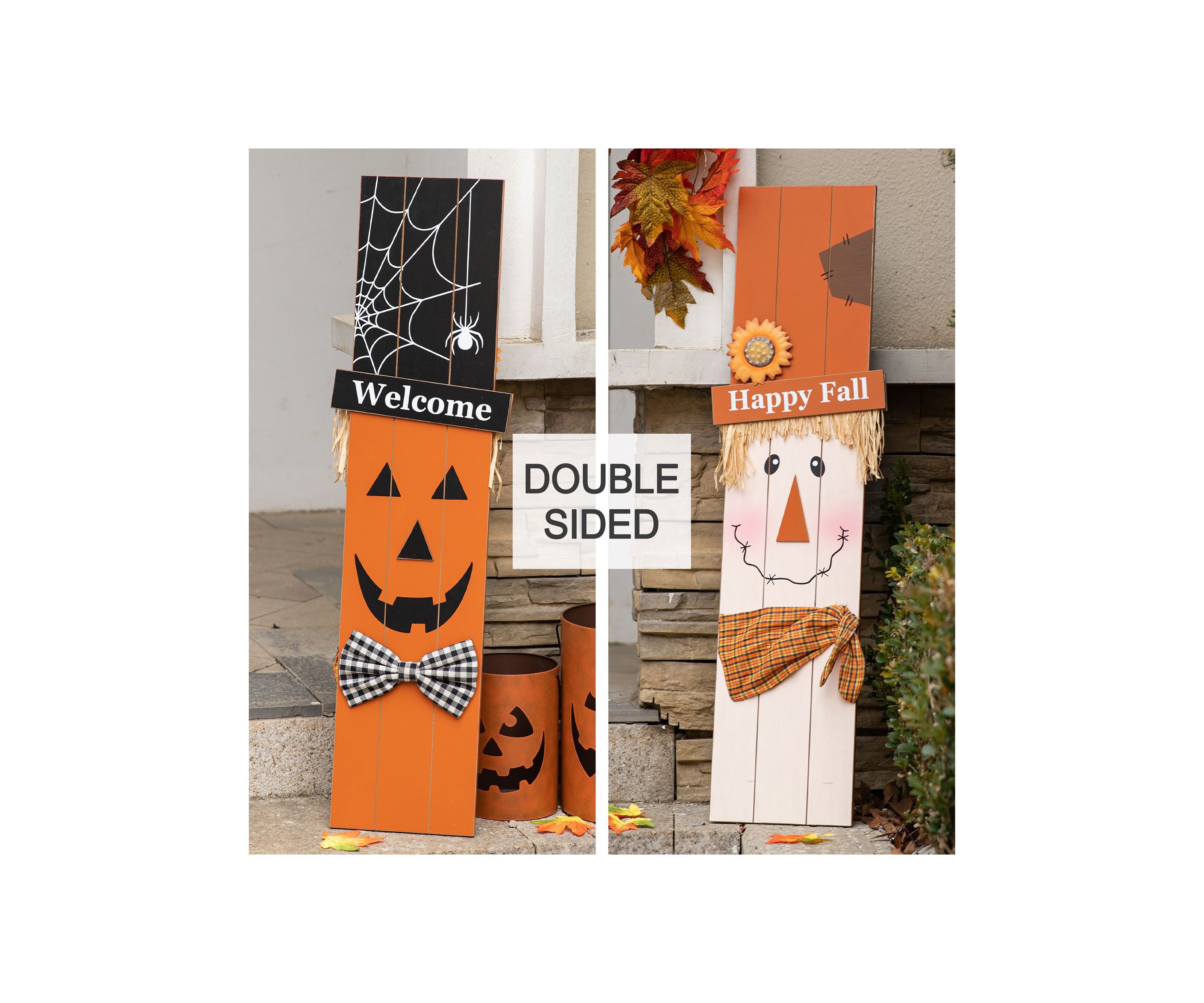 Double Sided Wooden Scarecrow/Pumpkin Porch Decor Halloween and Fall