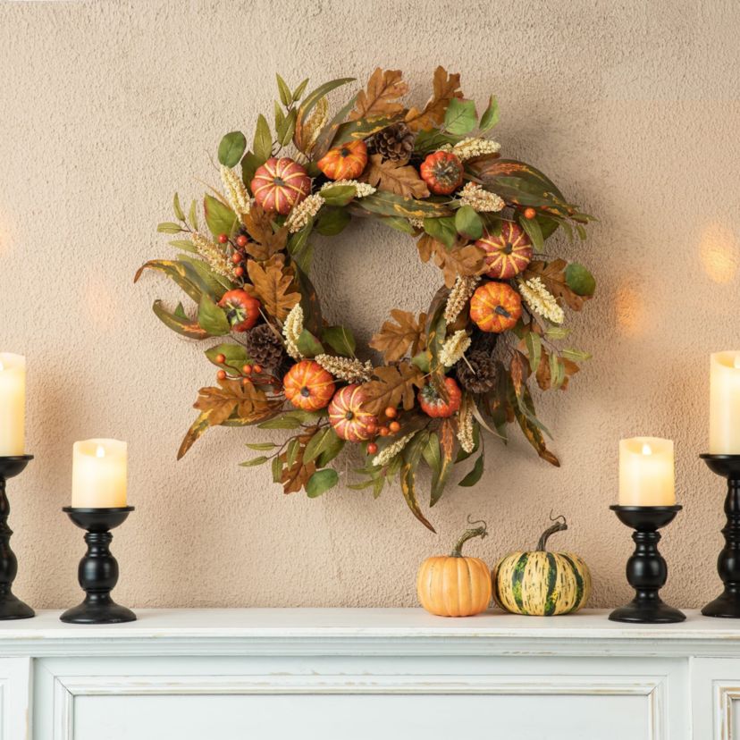 24"D Fall Pumpkin Leaf Floral Wreath