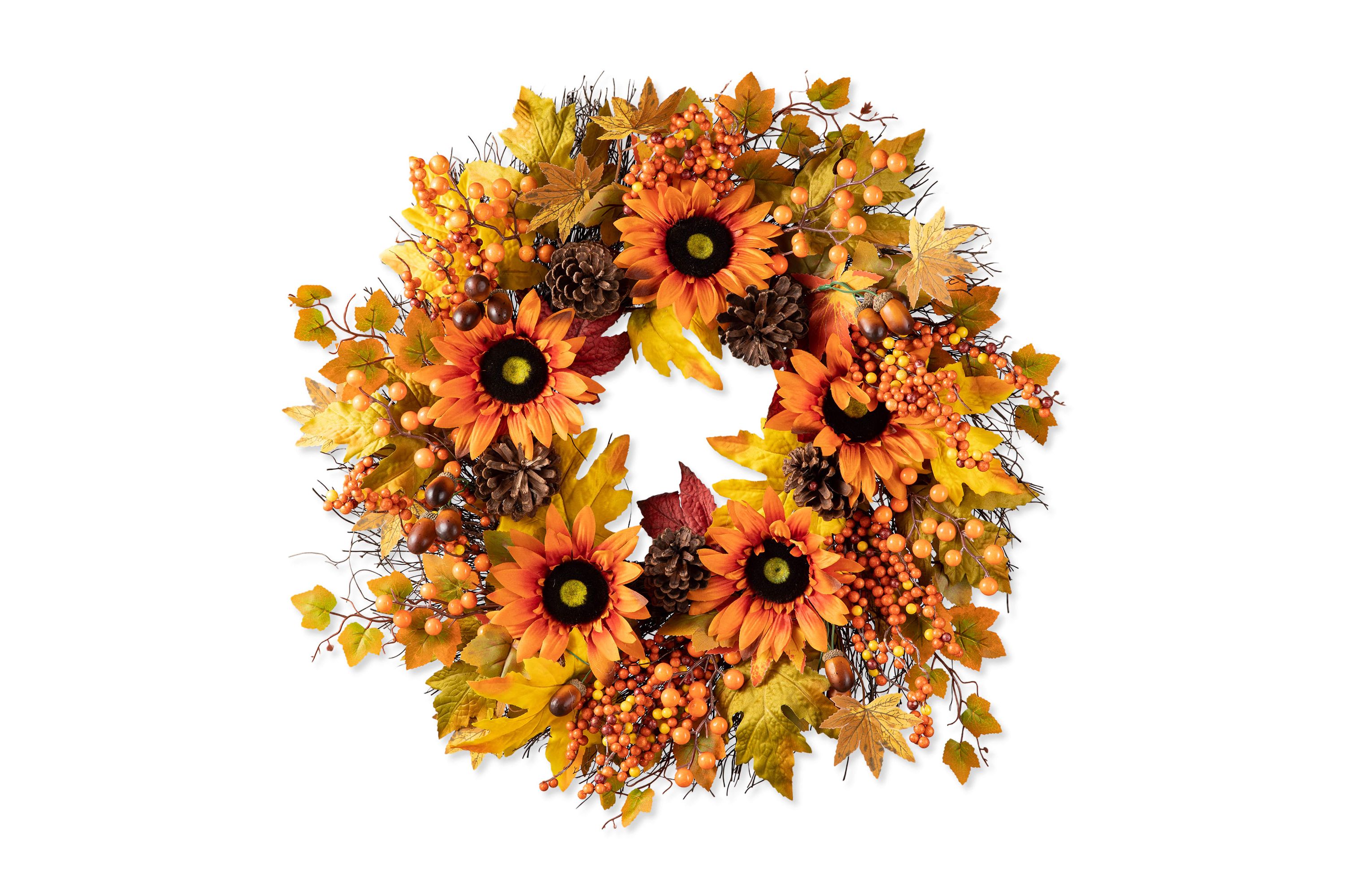 24"D Fall Sunflower, Maple Leaf and Berry Wreath