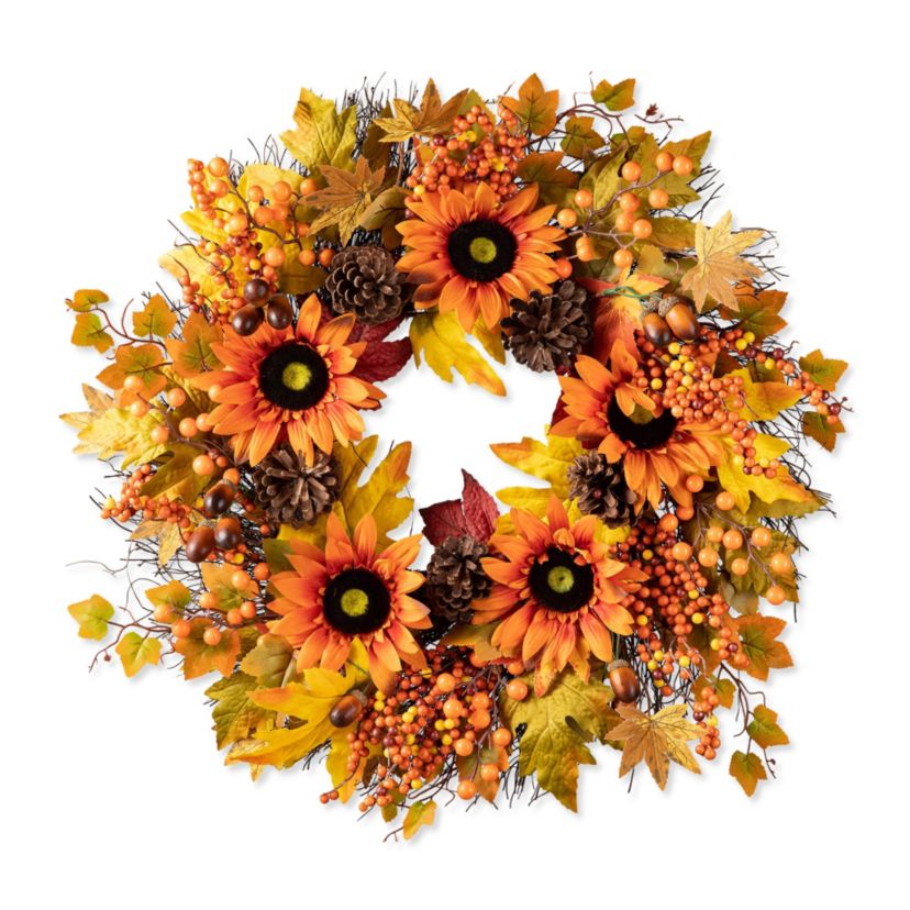 24"D Fall Sunflower, Maple Leaf and Berry Wreath