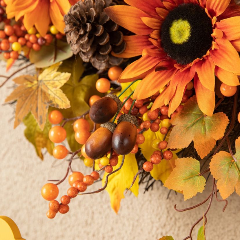 24"D Fall Sunflower, Maple Leaf and Berry Wreath