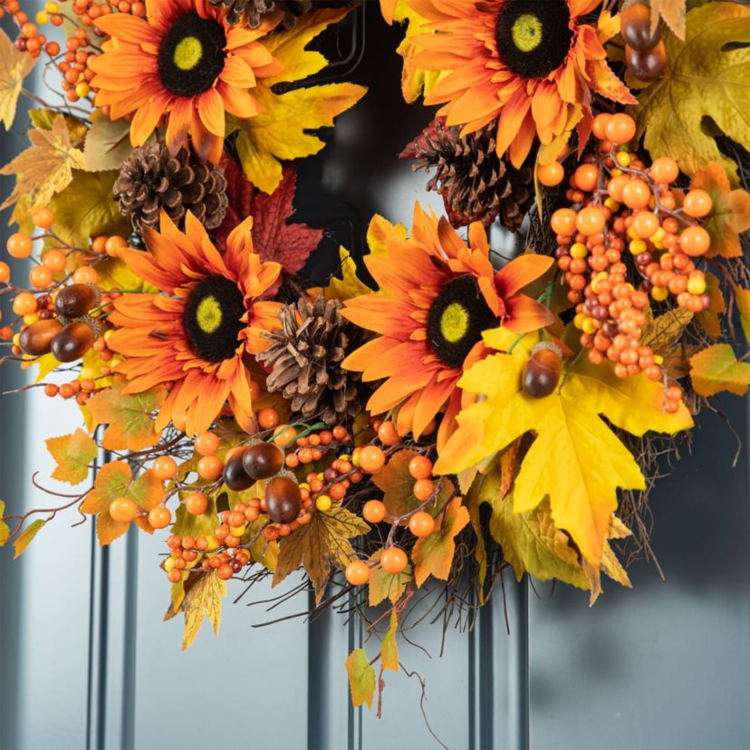 24"D Fall Sunflower, Maple Leaf and Berry Wreath