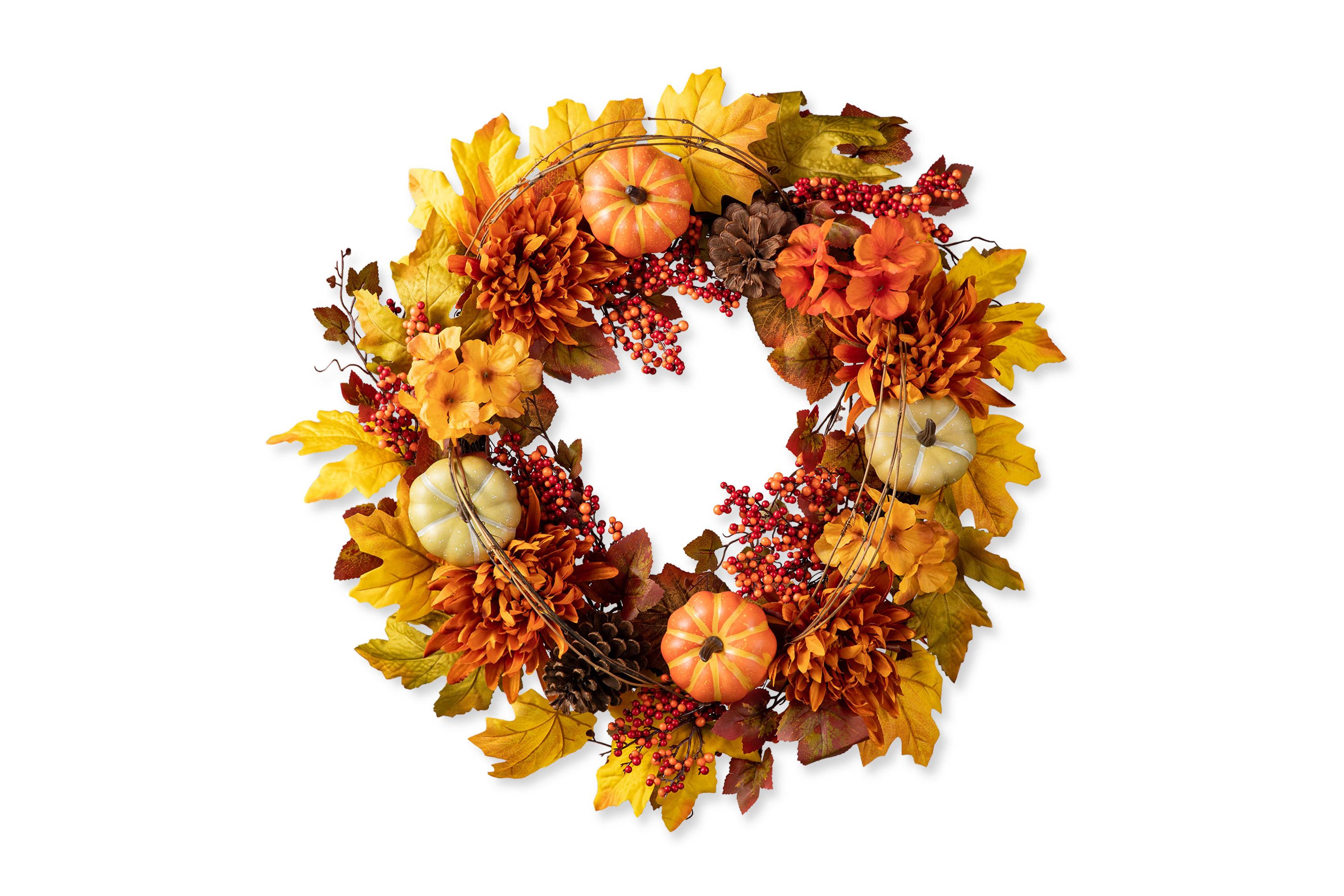 24"D Fall Dahlia Pumpkin, Leaf and Berry Wreath