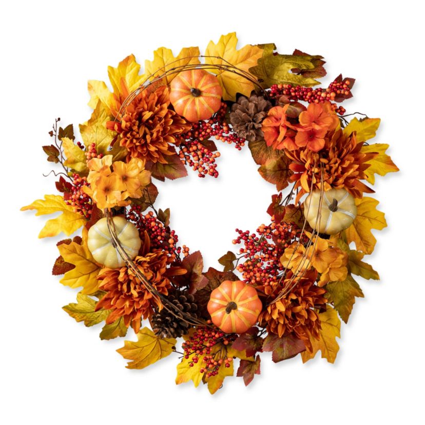 24"D Fall Dahlia Pumpkin, Leaf and Berry Wreath