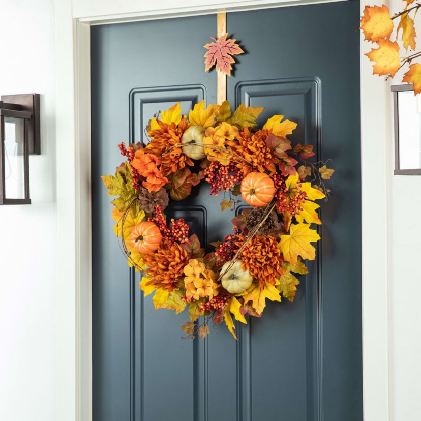 24"D Fall Dahlia Pumpkin, Leaf and Berry Wreath