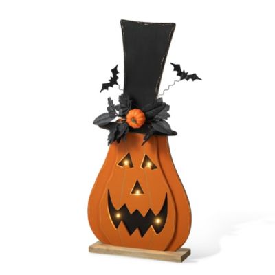 Glitzhome 29.5"H Halloween Lighted Wooden Jack-O-Lantern Porch Decor with Floral & Timer (KD)