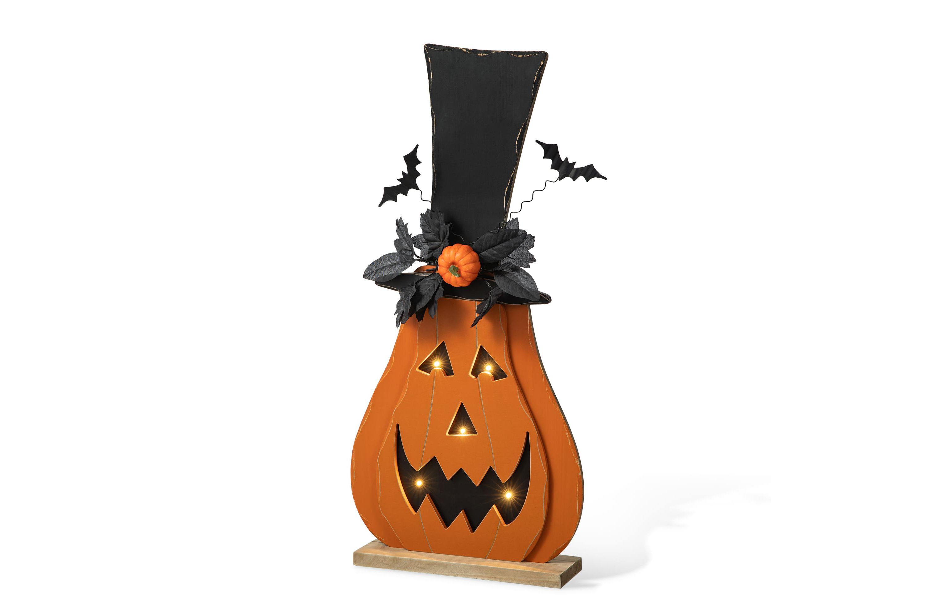 29.5"H Halloween Lighted Wooden Jack-O-Lantern Porch Decor with Floral & Timer (KD)