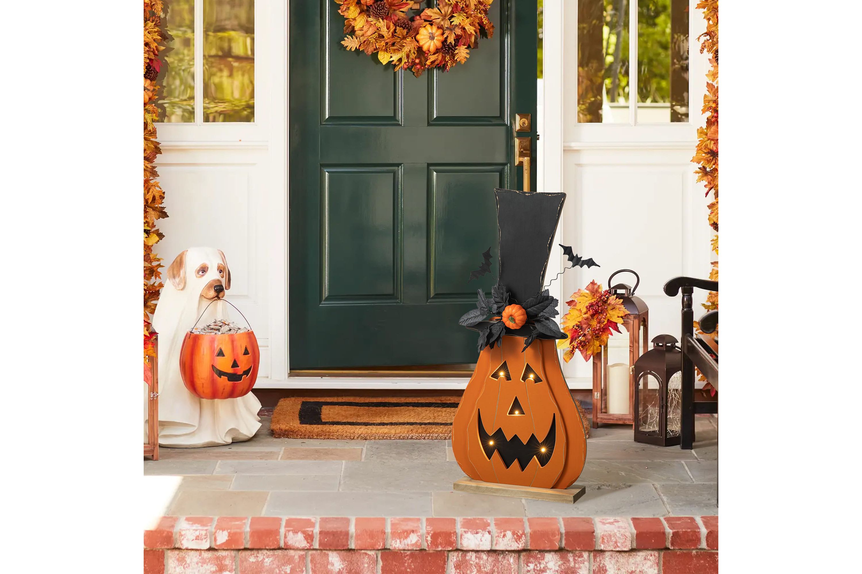 29.5"H Halloween Lighted Wooden Jack-O-Lantern Porch Decor with Floral & Timer (KD)