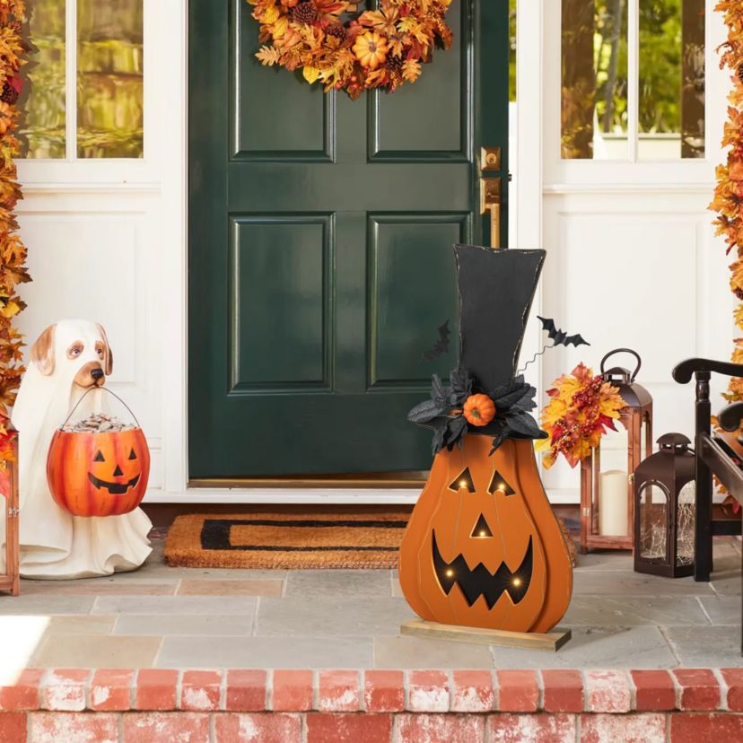 29.5"H Halloween Lighted Wooden Jack-O-Lantern Porch Decor with Floral & Timer (KD)