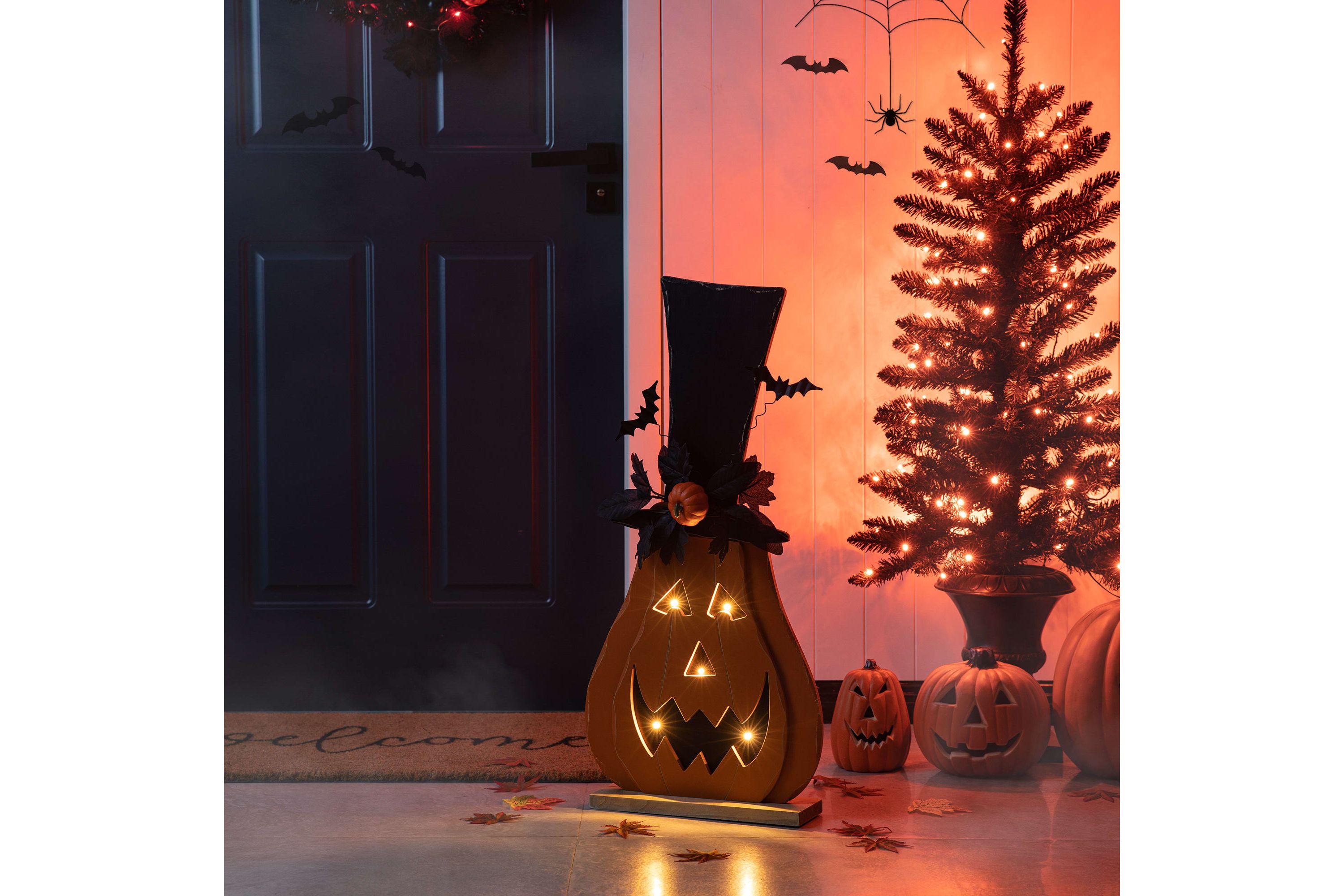 29.5"H Halloween Lighted Wooden Jack-O-Lantern Porch Decor with Floral & Timer (KD)