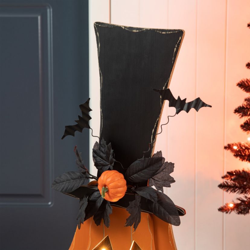 29.5"H Halloween Lighted Wooden Jack-O-Lantern Porch Decor with Floral & Timer (KD)