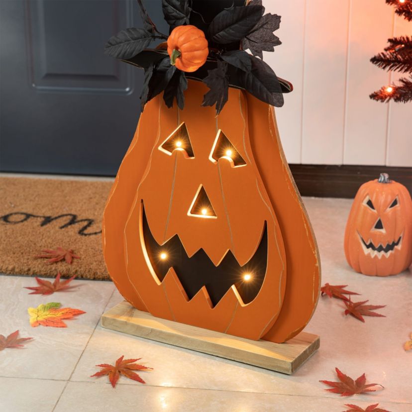 29.5"H Halloween Lighted Wooden Jack-O-Lantern Porch Decor with Floral & Timer (KD)