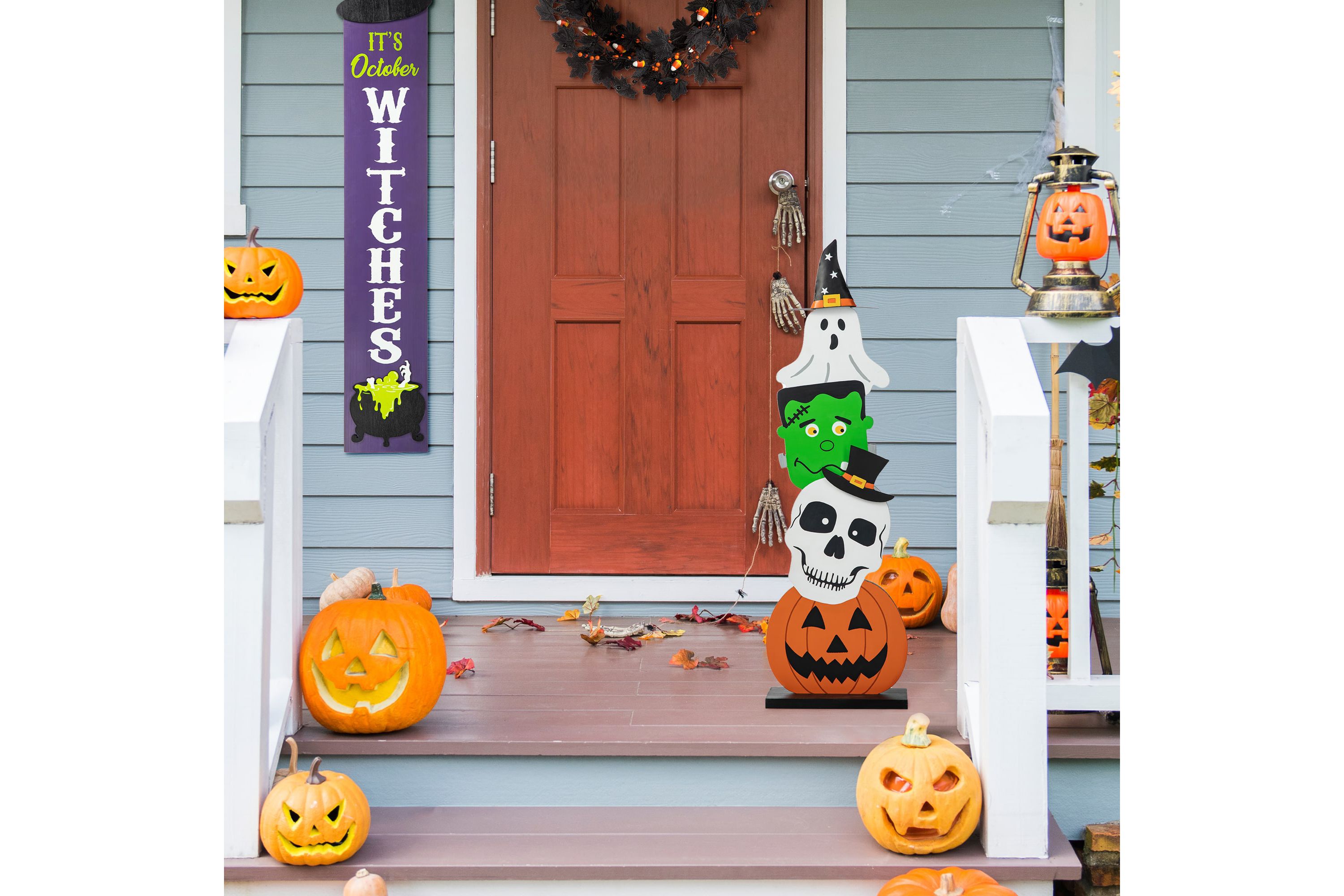 36"H Halloween Wooden  Stacked Ghost & Frankenstein & Skull & Pumpkin Porch Decor(KD)