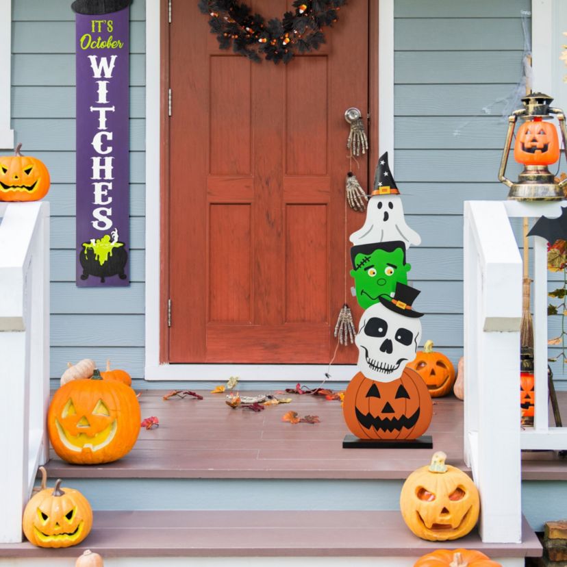 36"H Halloween Wooden  Stacked Ghost & Frankenstein & Skull & Pumpkin Porch Decor(KD)