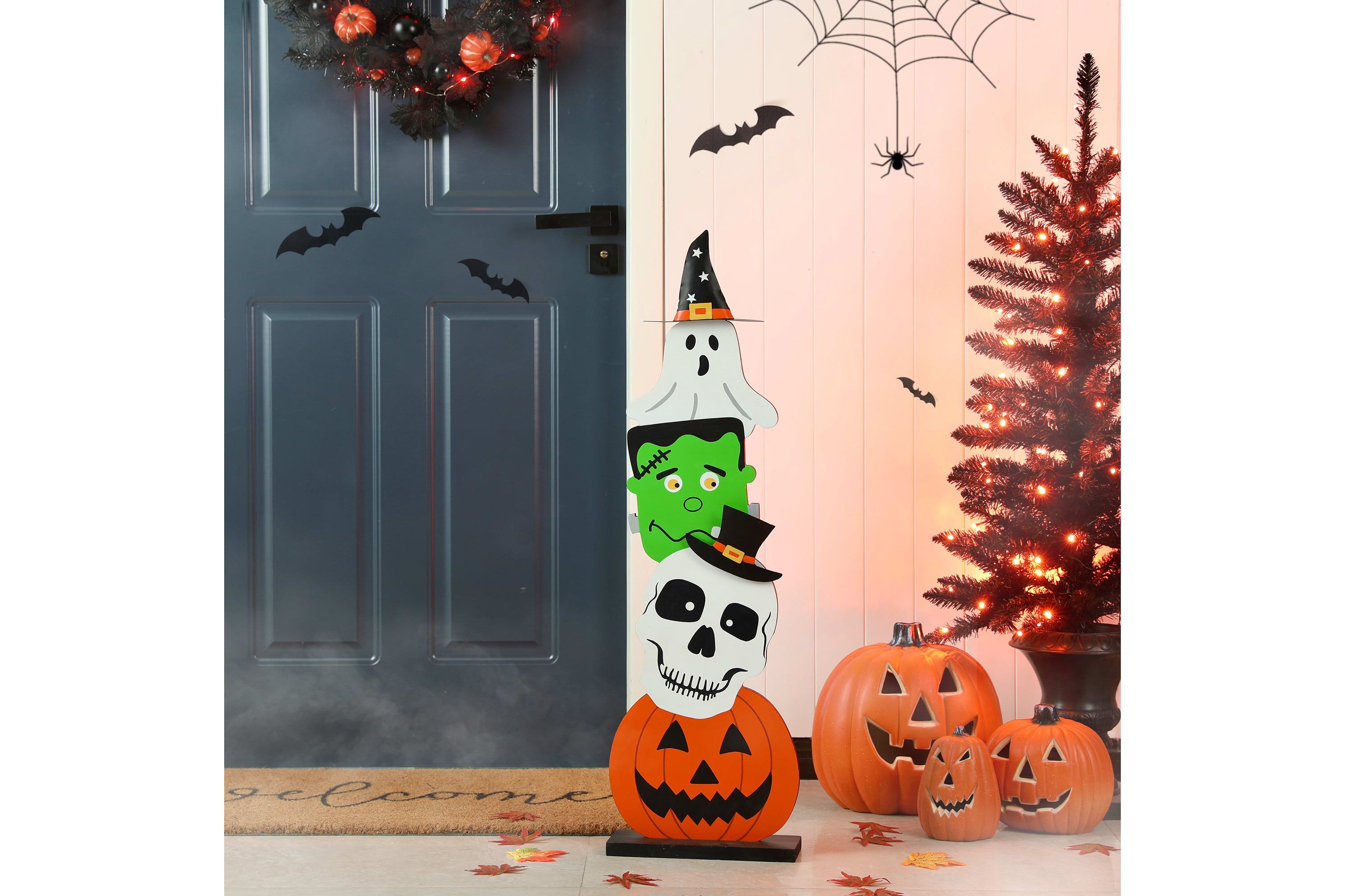 36"H Halloween Wooden  Stacked Ghost & Frankenstein & Skull & Pumpkin Porch Decor(KD)