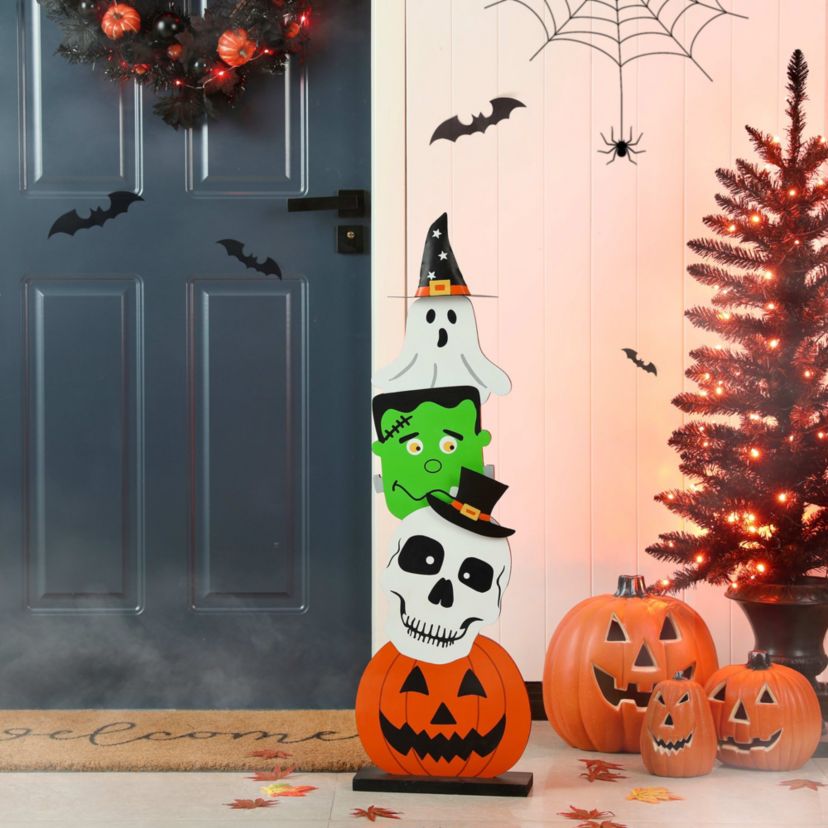 36"H Halloween Wooden  Stacked Ghost & Frankenstein & Skull & Pumpkin Porch Decor(KD)