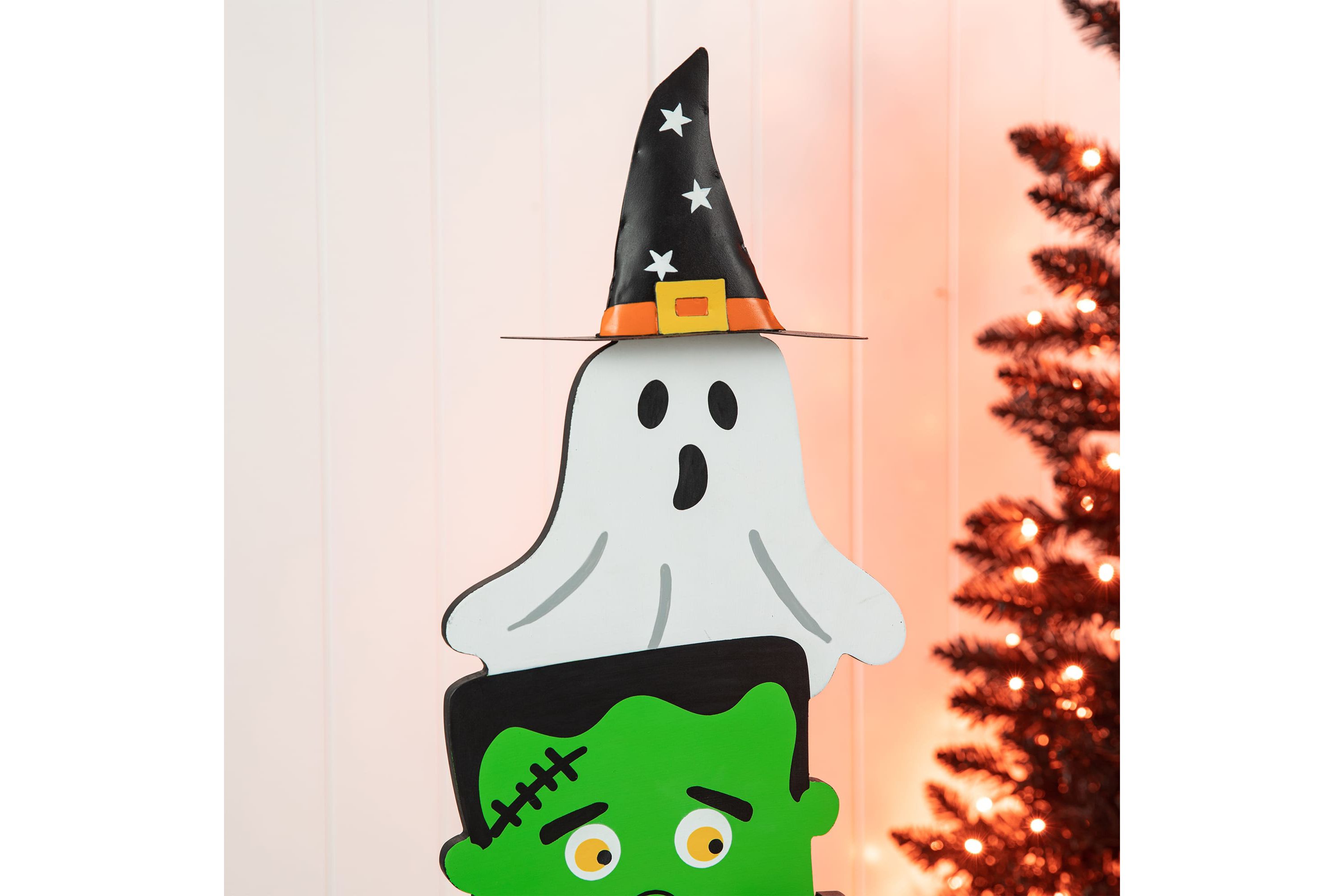 36"H Halloween Wooden  Stacked Ghost & Frankenstein & Skull & Pumpkin Porch Decor(KD)
