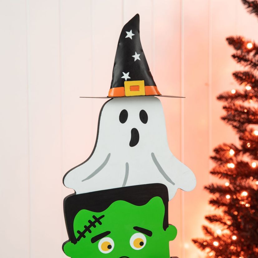 36"H Halloween Wooden  Stacked Ghost & Frankenstein & Skull & Pumpkin Porch Decor(KD)