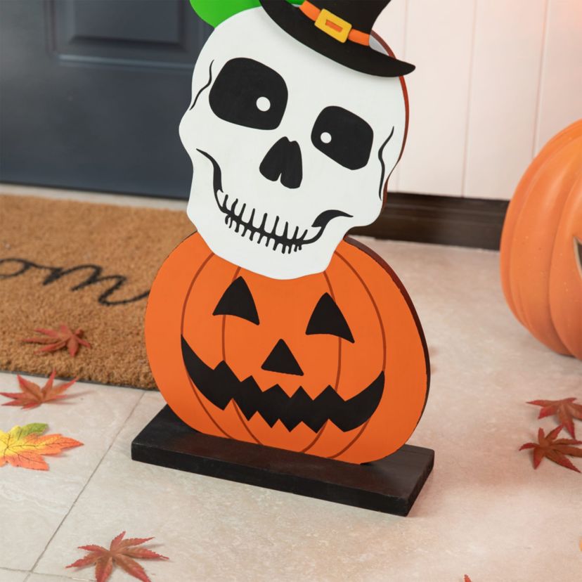 36"H Halloween Wooden  Stacked Ghost & Frankenstein & Skull & Pumpkin Porch Decor(KD)