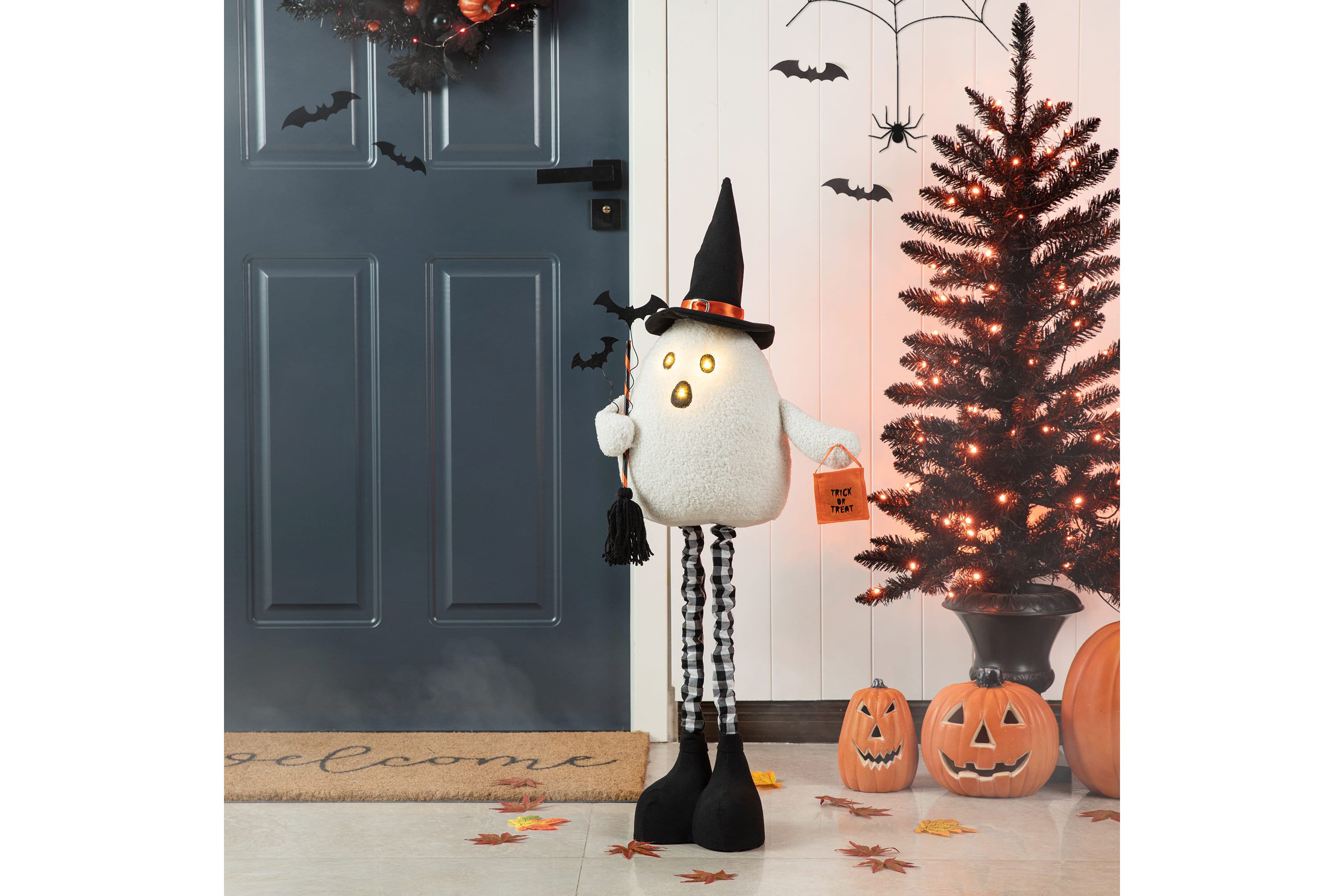 38"H Lighted Halloween Fabric Ghost Standing Decor, With Telescoping Legs and Timer