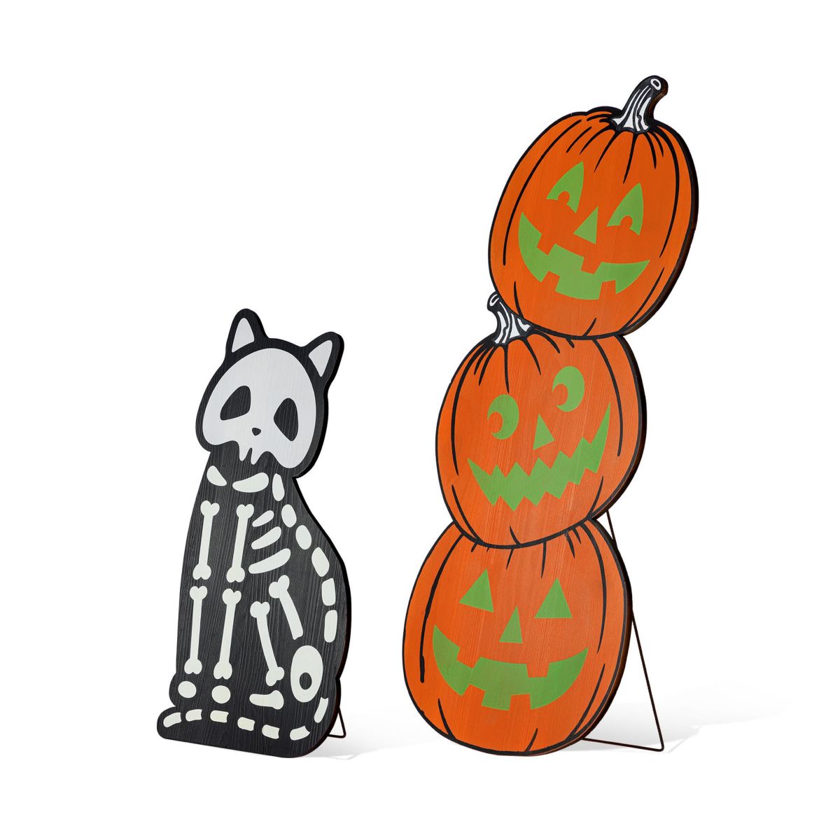 S/2 24"H & 36"H Halloween Wood Skeleton Cat and Stacked Pumpkin Porch Decor