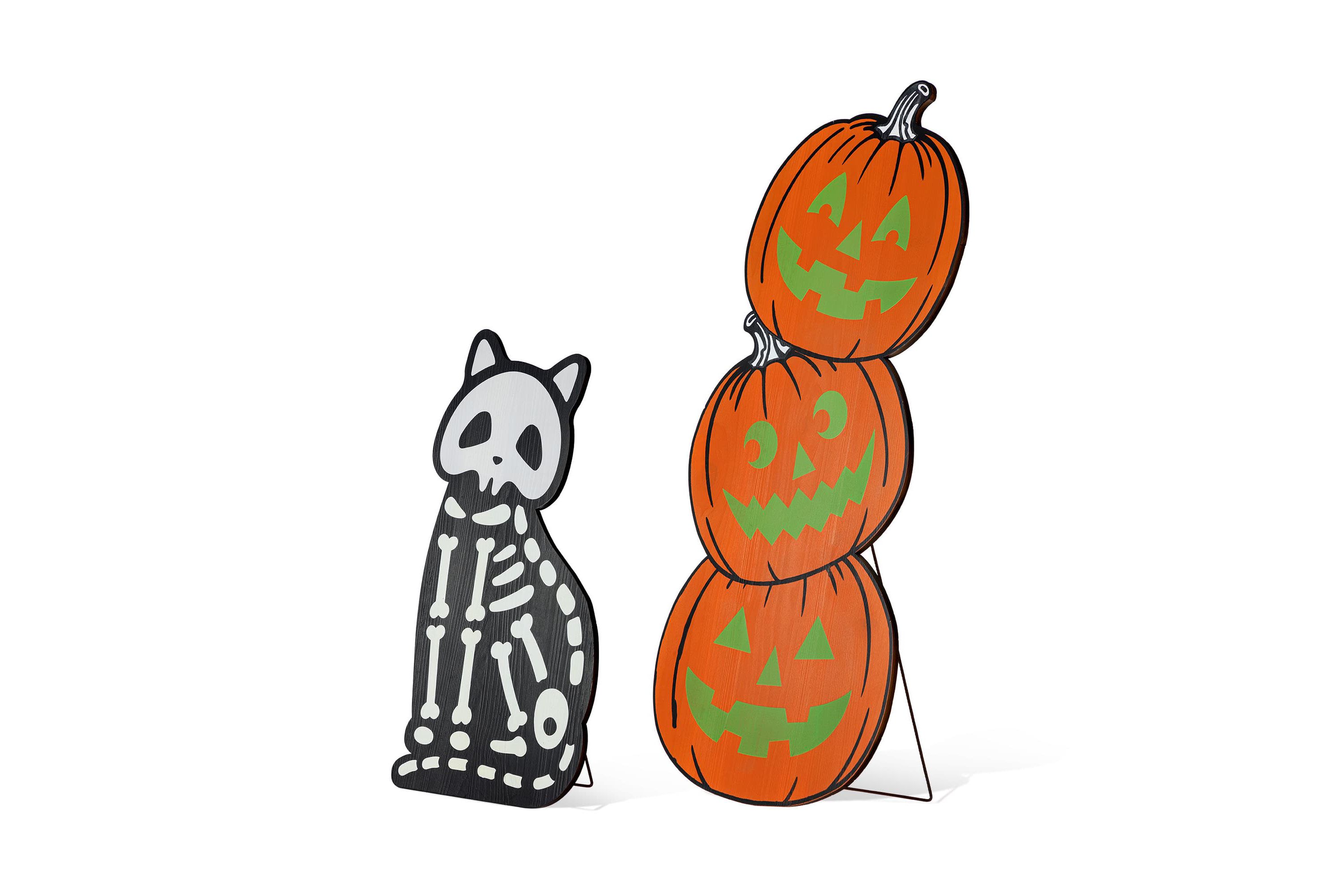 S/2 24"H & 36"H Halloween Wood Skeleton Cat and Stacked Pumpkin Porch Decor