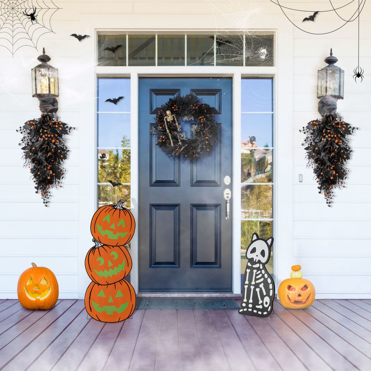 S/2 24"H & 36"H Halloween Wood Skeleton Cat and Stacked Pumpkin Porch Decor