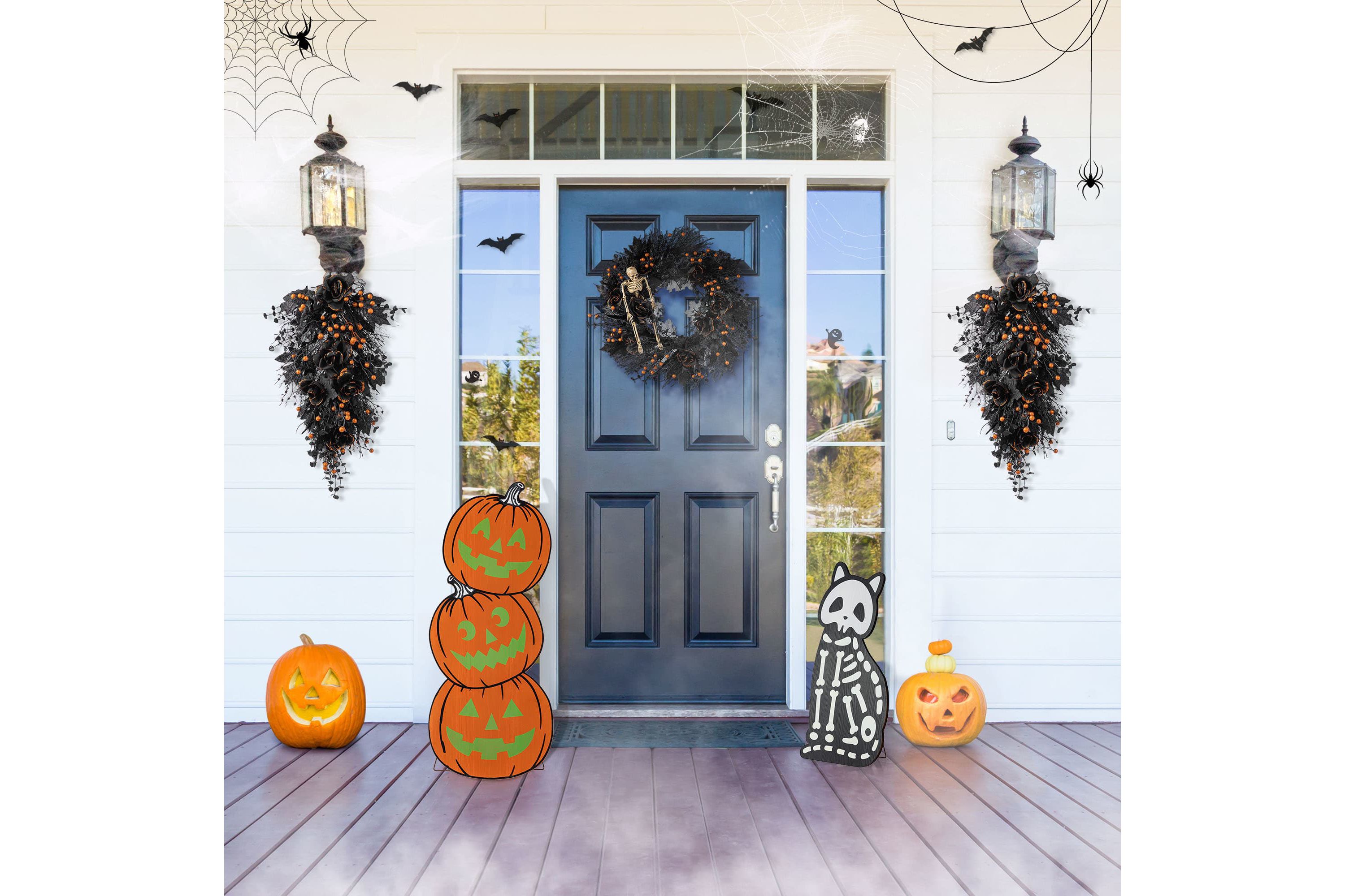 S/2 24"H & 36"H Halloween Wood Skeleton Cat and Stacked Pumpkin Porch Decor