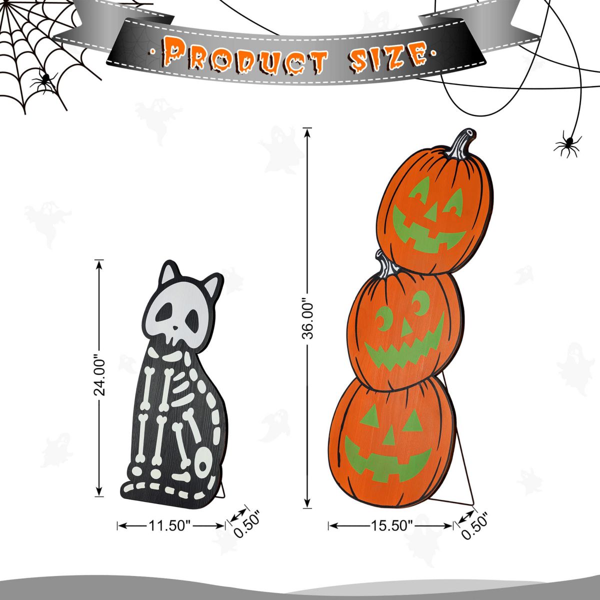 S/2 24"H & 36"H Halloween Wood Skeleton Cat and Stacked Pumpkin Porch Decor